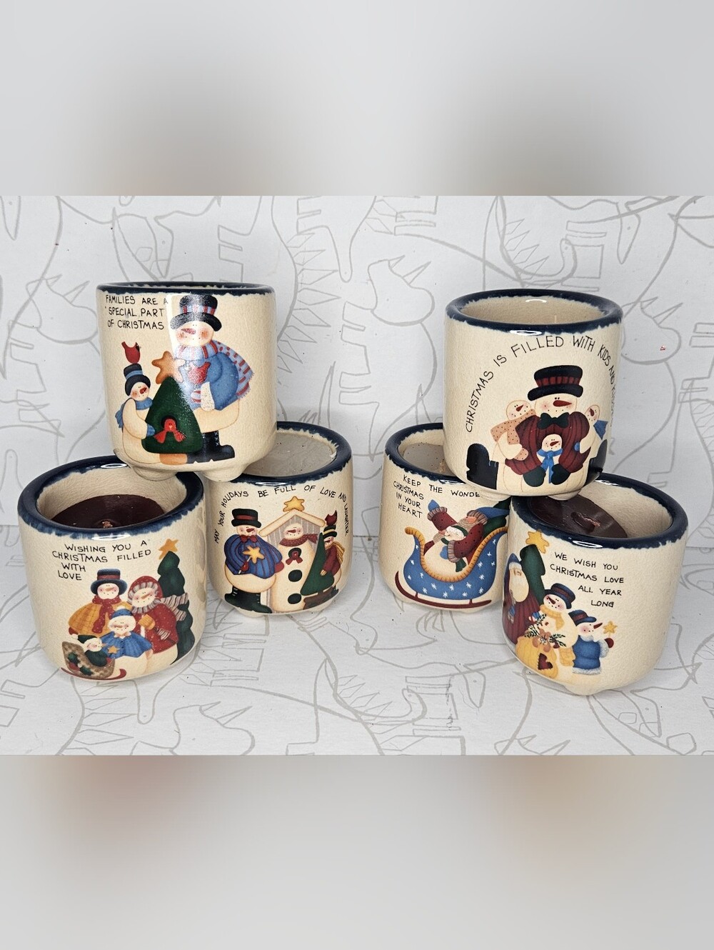 Vintage Christmas Ceramic Votive Candle Holders Set of 6 Snowmen Holiday